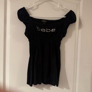 Bebe Black cap sleeve top with Sparkling bling  Logo small
